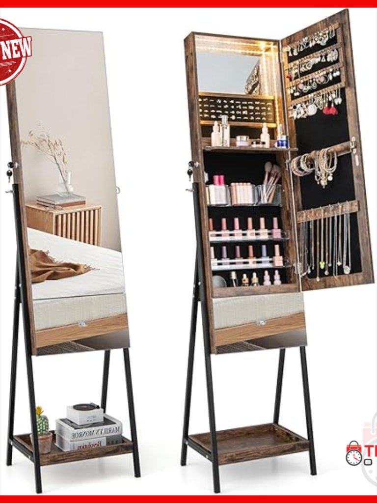Full-Length Mirror Jewelry Cabinet With Led Lights, Lockable Storage Organizer